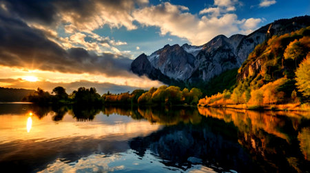 Sunset on the lake with autumn trees and mountains reflected in the waterの写真素材
