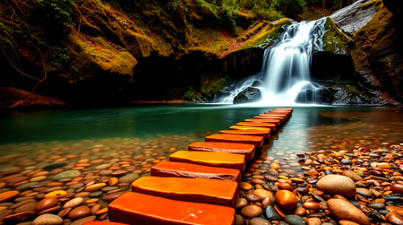 Waterfall in the forest with red stones in the foreground. Long exposureの写真素材