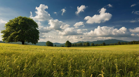 Summer landscape with green meadow and big tree on blue sky background