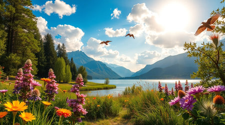 Beautiful alpine landscape with lake, mountains and flowers. Switzerlandの写真素材