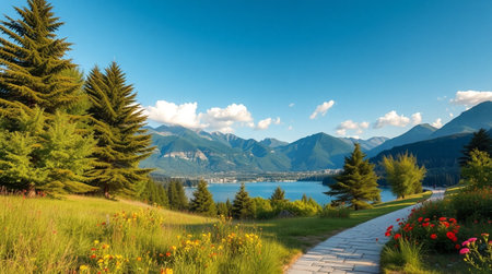Panoramic view of Lake Maggiore, Italy. Lake Maggiore is the largest lake in the Alps.の写真素材