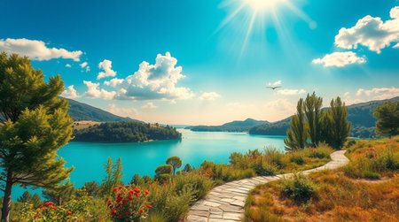 Panoramic view of beautiful turquoise lake Ohrid in Macedoniaの写真素材