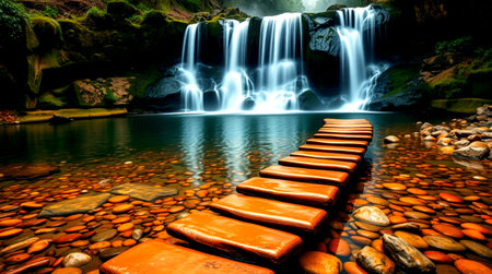 Waterfall in tropical forest at night, Thailand. Long exposure.