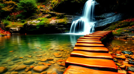 Beautiful waterfall in autumn forest with wooden walkway and colorful leavesの写真素材