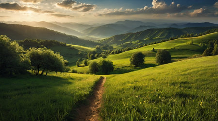 Sunset in the mountains. Landscape with green meadows and hills