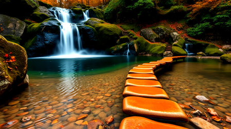 Wooden walkway in the forest waterfall at night, Thailand.の写真素材