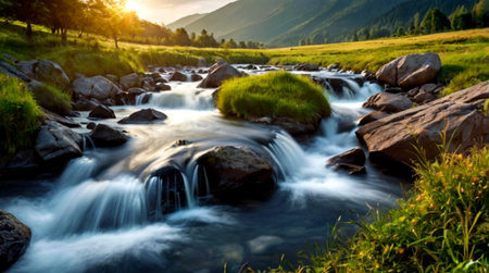 Long exposure of a mountain river flowing through the grassland at sunset