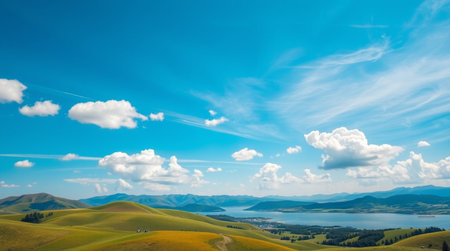 Landscape with lake and clouds in the blue sky.