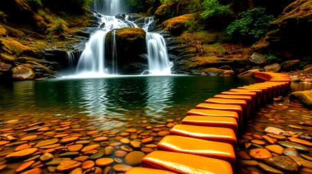 beautiful waterfall in the forest with orange wooden stairs and orange stonesの写真素材