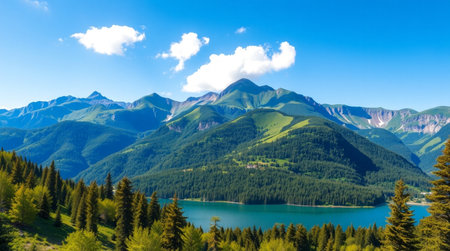 Beautiful alpine landscape with turquoise lake and mountains.の写真素材