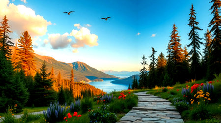 Beautiful alpine landscape with lake and mountains at sunset in summer