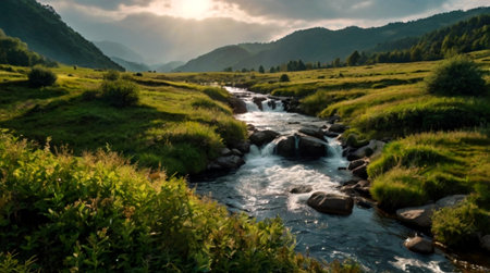 Beautiful mountain landscape with a river in the Carpathian mountainsの写真素材