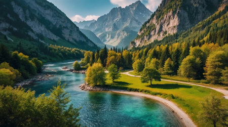 Aerial view of a beautiful mountain river