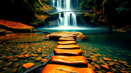 beautiful waterfall in the forest with long exposure and colorful stones, Thailand