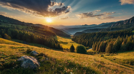 Panoramic view of the mountain valley at sunset. Carpathian, Ukraineの写真素材