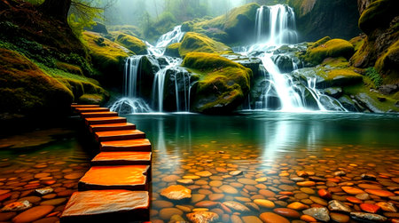 Beautiful waterfall in the forest with wooden path leading to the waterfallの写真素材