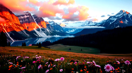 Beautiful alpine meadow with flowers and mountains at sunset.