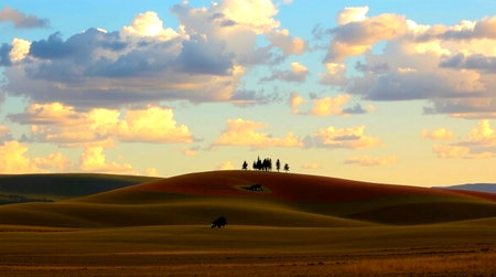 Landscape with hills at sunsetの写真素材