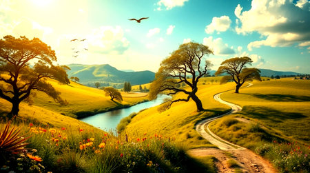Beautiful landscape with trees and meadow at sunset