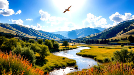 Beautiful landscape with mountains and river in Xinjiang, China.の写真素材