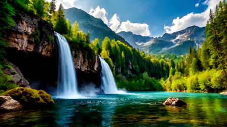 Beautiful waterfall in the mountains. Summer landscape with waterfalls.