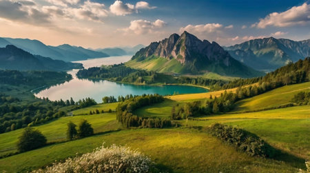 Aerial panoramic view of the lake in the mountains. Beautiful summer landscape.の写真素材