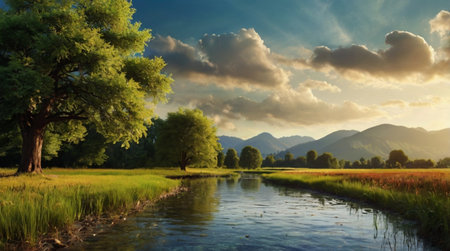 Sunset over the river in the meadow. Summer landscape.の写真素材