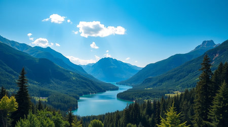Panoramic view of the lake in the mountains at summer.