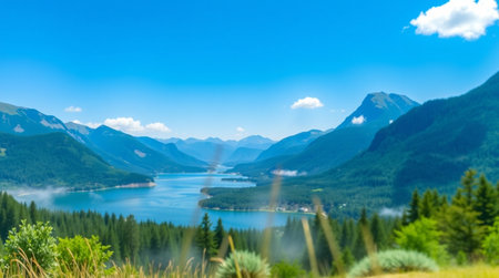 Panoramic view of the mountains and the lake. Summer landscape.