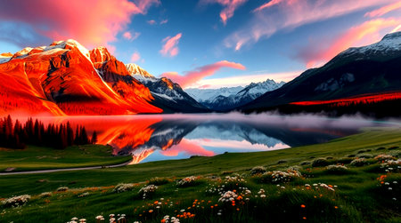 Mountain lake. Panoramic view. Sunrise in the mountains.の写真素材