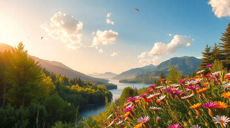 Beautiful landscape with a lake and mountains in the background at sunset