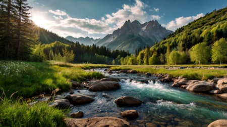 Panoramic view of a mountain riverの写真素材