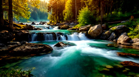 Waterfall in the forest. Summer landscape. Mountain river in the forest.の写真素材
