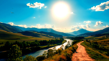 Beautiful summer landscape. Mountain river and meadow at sunset.の写真素材