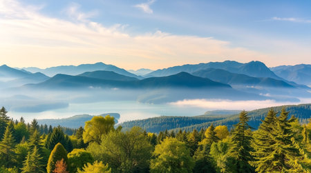 Morning fog over the lake in the Carpathian mountains, Ukraineの写真素材