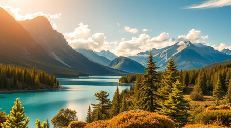 Mountains and lake in Canadian Rockies, Banff National Park, Alberta, Canadaの写真素材