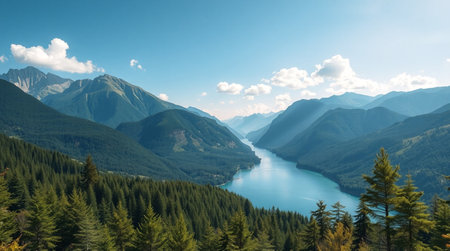 Panoramic view of the lake in the mountains and the forestの写真素材