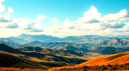 Mongolian desert landscape with mountains and blue sky at sunsetの写真素材