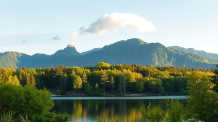 Landscape view of a mountain lake in the morning. Mountain lake landscape.