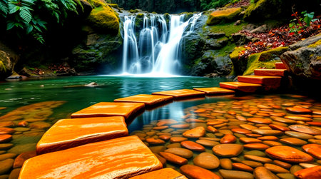 beautiful waterfall in the forest with stones on the foreground and long exposureの写真素材