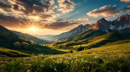 Panoramic view of the Dolomites at sunset. Italy