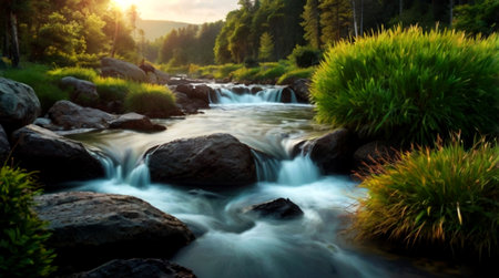 Long exposure of a river flowing through the forest at sunset. Beautiful summer landscape.の写真素材