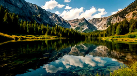 Mountain lake with reflection in the water. Beautiful summer landscape.