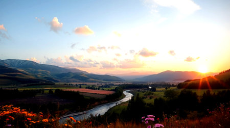 Beautiful sunset over the mountains and the river. Landscape.