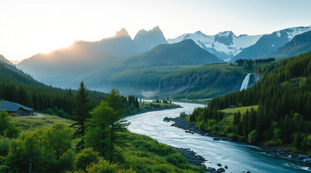 Panoramic view of the mountain river in the mountains at sunsetの写真素材