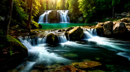 Panoramic view of waterfall in the forest on a sunny day