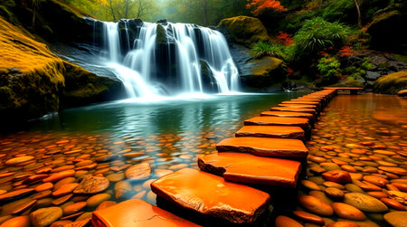 Beautiful waterfall in autumn forest at Doi Inthanon National Park, Thailandの写真素材