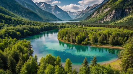 panoramic view of turquoise lake in the mountains.