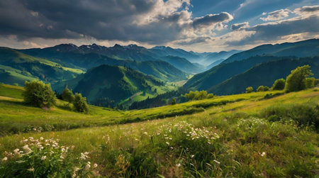 Panoramic view of the mountains in summer.の写真素材