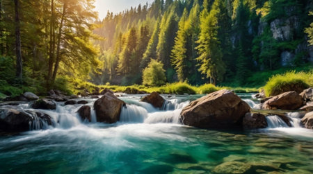 Mountain river flowing through the green forest. Beautiful summer landscape.